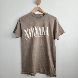NIRVANA Smiley Face Tee Tan Bleach Wash Distressed Grunge T-Shirt Unisex M